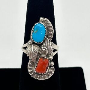 Vintage Navajo Sterling Silver Turquoise & Red Coral Leaf Design Ring Size 7